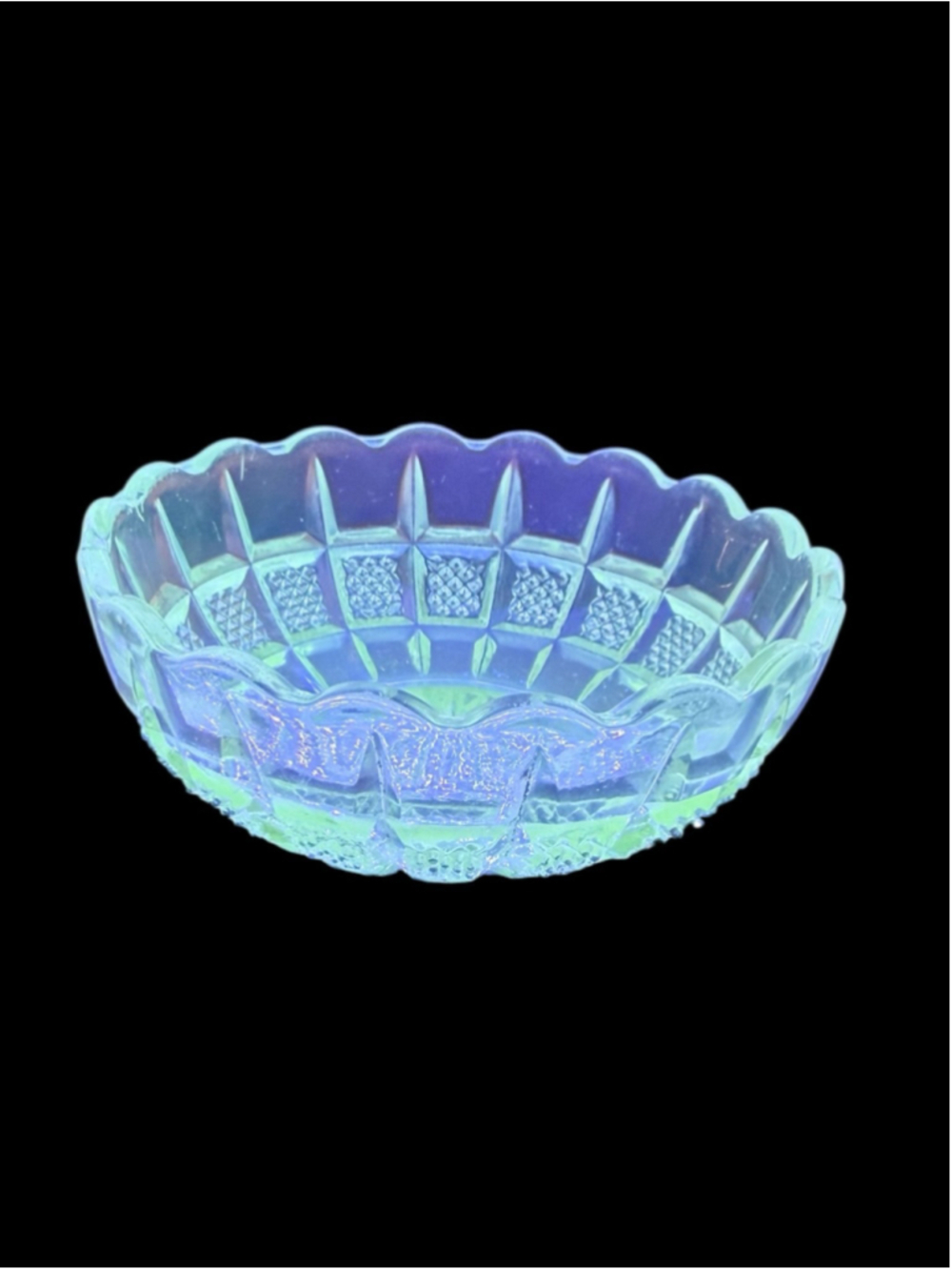 Antique EAPG Diamond Panel Uranium Glass Nappy Dish – Starburst Base – c.1890